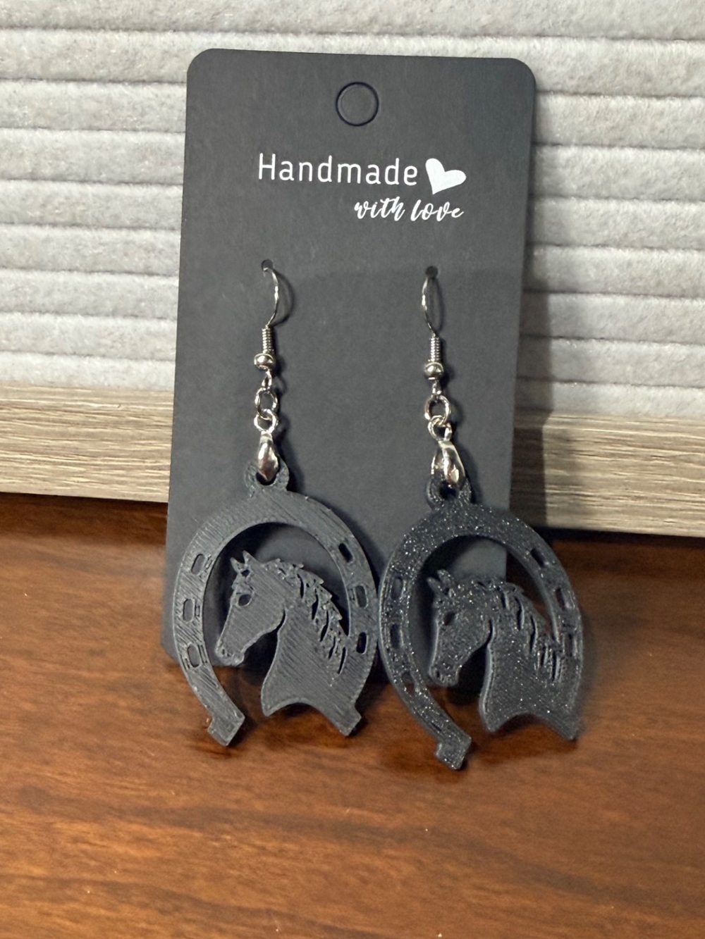 Handmade Black Horse & Horseshoe Dangle Earrings